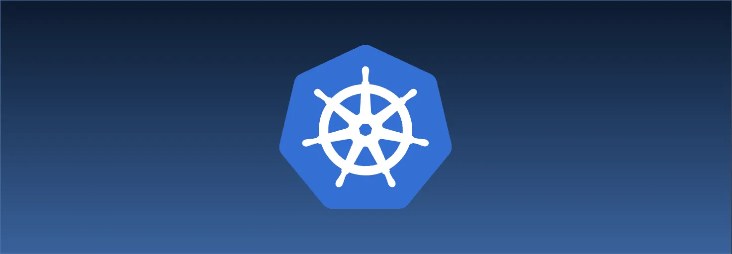 Kubernetes logo, in blue, on a blue to black gradient background