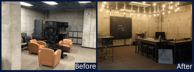 Comparison of the area before the remodel being used for storage to the newly remodeled lounge area complete with a sectional, some tables, high chairs, a tv, a chalkboard wall, and some warm lights hung above.